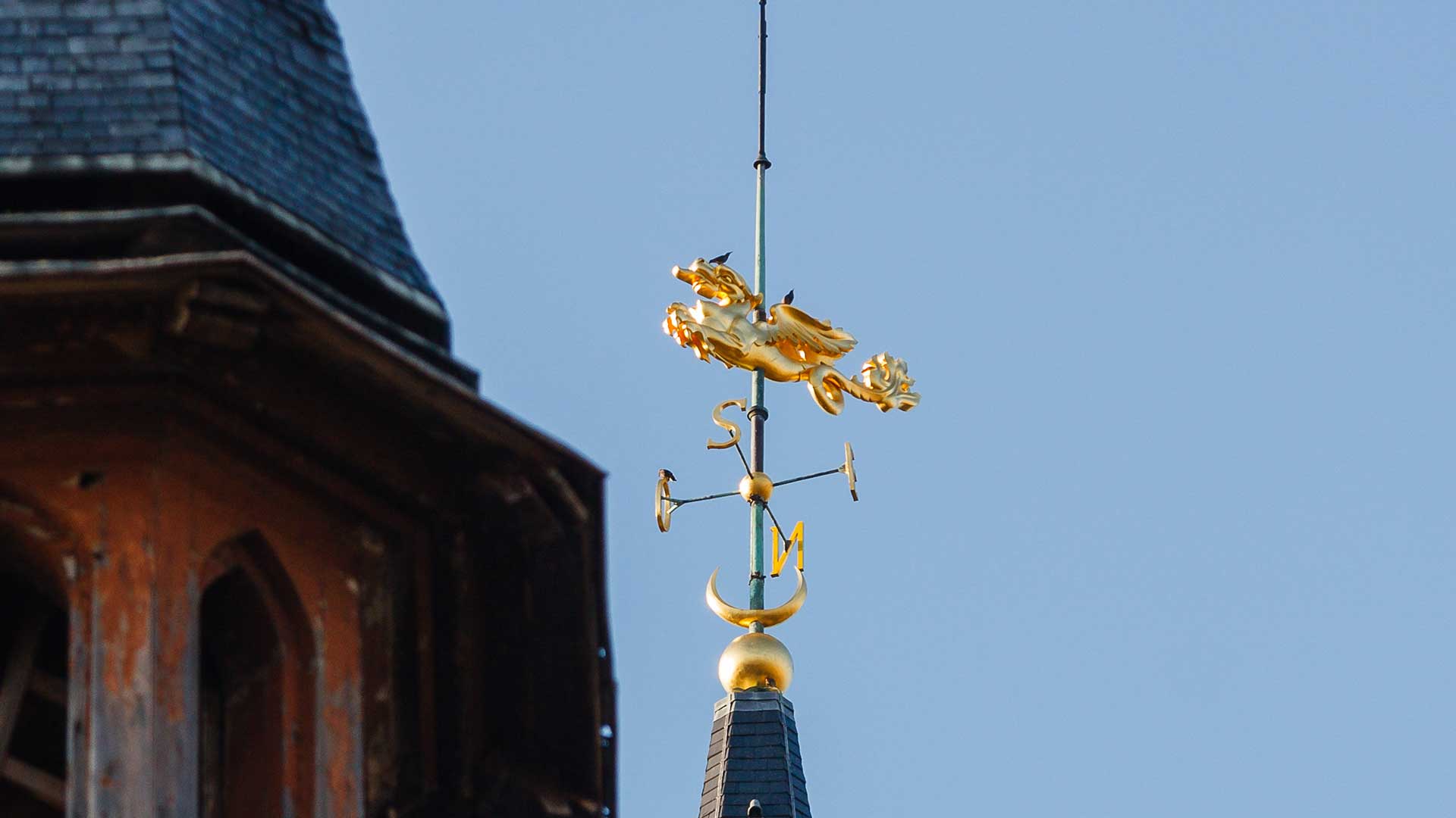 Girouette en forme de dragon à la cime du beffroi de l'hotel de ville de Calais